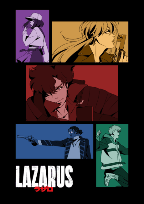LAZARUS TV anime key visual with the five agents in coloured panels